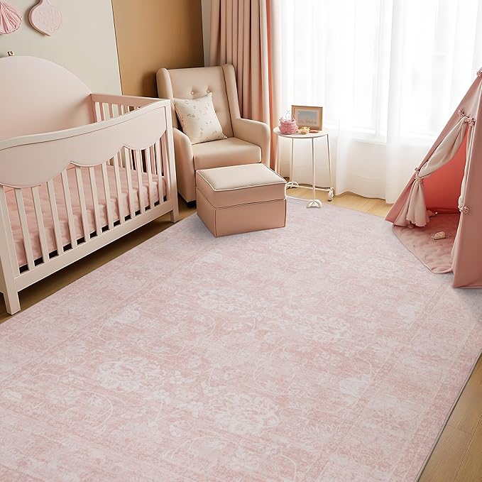 4x6 Vintage Washable Area Rug, Pink | Living Room, Non Slip Boho Carpet, Soft Indoor Stain Resistant, Floral Print Mat for Bedroom Dining Room Entryway