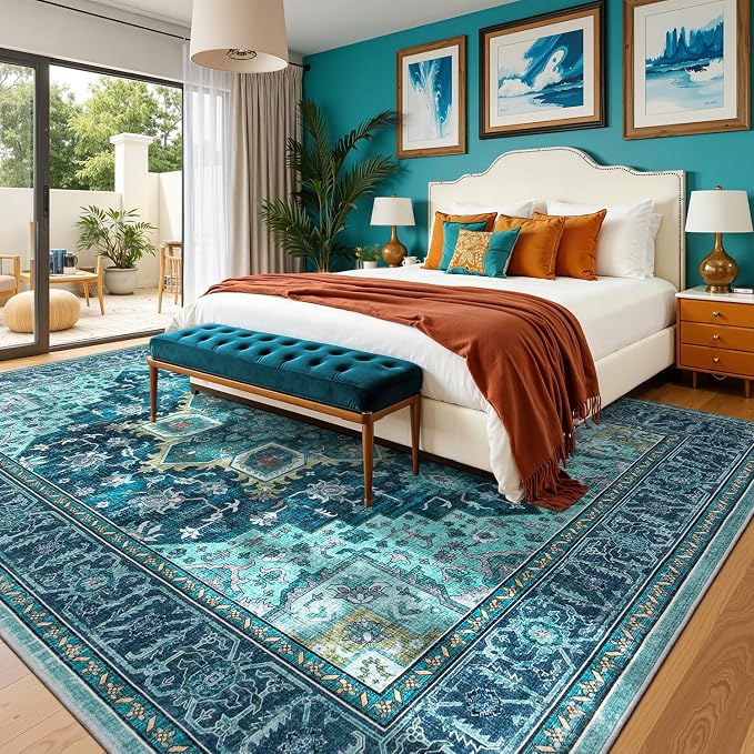 8x10 Turquoise Large Area Rugs for Living Room - Boho Teal Green Medallion Aesthetic Distressed Washable Rug, Soft Non-Slip Backing Low Pile Carpet for Dining Under Table, Bedroom, Office