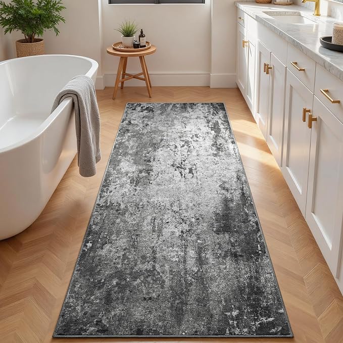 2.6x8 Black Rug Runners for Hallways Kitchen Runner Rug Non Slip Washable Black Long Runner Rugs with Rubber Backing Soft Abstract Carpet Runner for Bedroom, Kitchen, Bathroom, Entryway