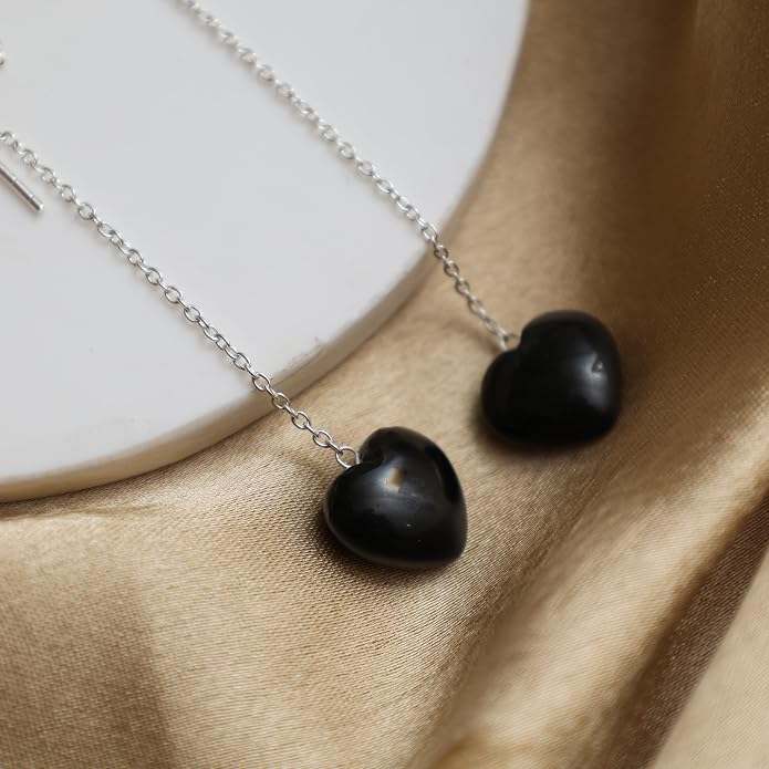 Gemstone Heart Shaped Threader Earrings in 925 Sterling Silver, Pull Through Adjustable, Versatile & Trendy, Perfect Valentine's Gift for Women, Choice of Gemstone Available