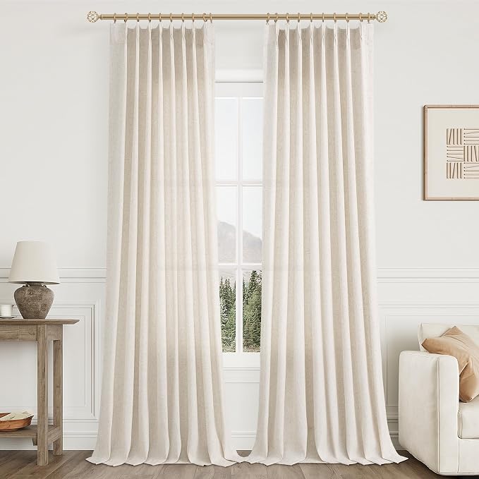 Aersas Natural Pinch Pleat Linen Curtains 88 Inch Length 2 Panels Set for Bedroom Dining Room Semi Sheer Linen Boho Farmhouse Neutral Window Curtains for Living Room Nursery Natural Cream 50x88