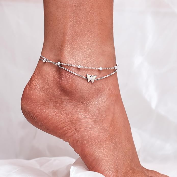 CHIC & ARTSY 925 Sterling Silver Ankle Bracelets for Women, Adjustable Layered Foot Chains with Nature & Symbol Charms, Lightweight Comfort Fit Boho Beach Everyday Jewelry