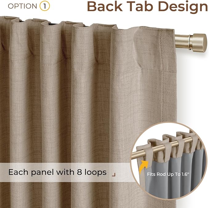 INOVADAY 100% Blackout Curtains 96 Inches Length 2 Panels Set, Back Tab/Rod Pocket Linen Black Out Curtains for Bedroom, Thermal Insulated Window Drapes - Burlywood Birch, W50 X L96