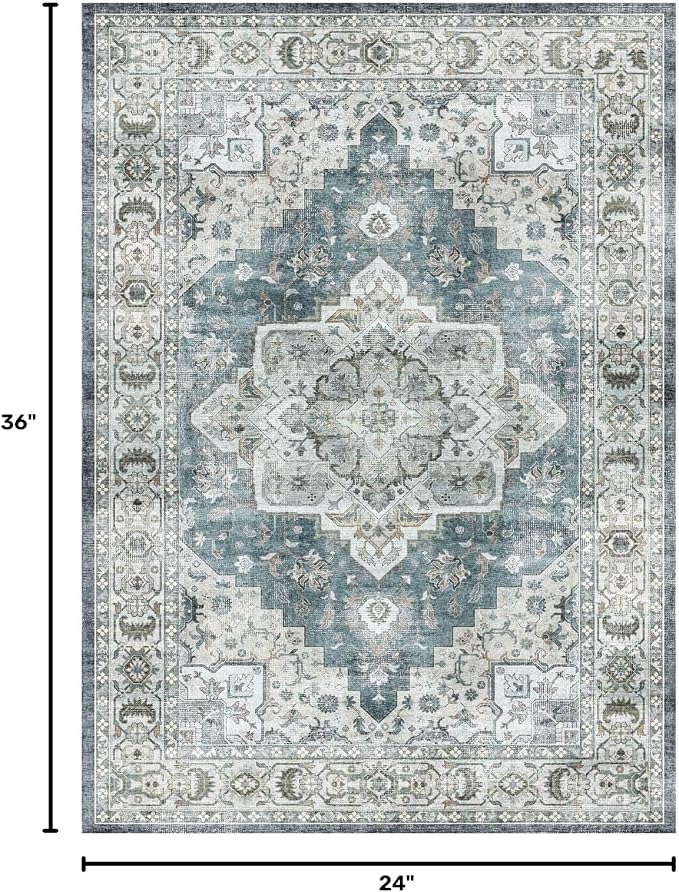 Lessymo 2 x 3 Runner Rug, Machine Washable Entryway Rugs Boho Faux Wool Low Pile Area Rug for Bedroom, Floral Medallion Vintage Rugs with Non-Slip Rubber,Blue Grey/Beige