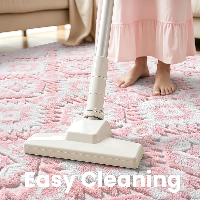 Macgace Ultra Soft Area Rug for Living Room, 6x9 Pink and White Shag Rugs | Washable Non-Slip Backing Medium Pile Modren Geometric Fuzzy Carpet for Kids Room, Girls Bedroom, Classroom, Dorm