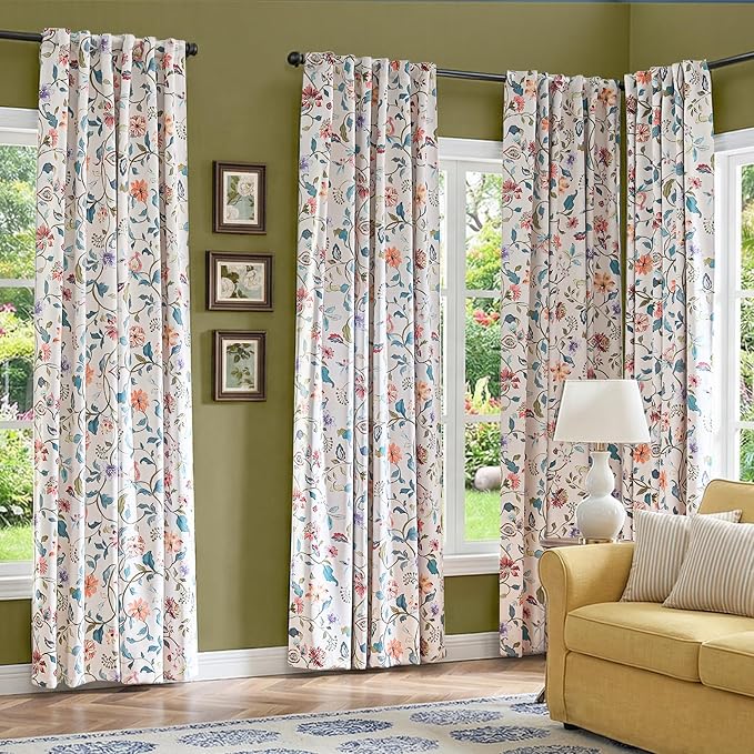 jinchan Beige Floral Blackout Curtains 96 Inch Back Tab 2 Panels Set | Room darkening, cream elegant vintage farmhouse drapes, botanical floral print, bedroom, living room, window treatment