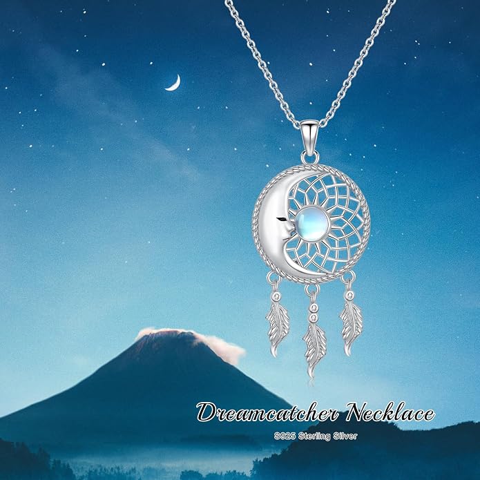 Dream Catcher Moonstone/Turquoise Necklace 925 Sterling Silver Moon Necklace Dream Catcher Pendant Necklace Dream Catcher Jewelry Moonstone/Turquoise Jewelry Sun Necklace Gifts for Women