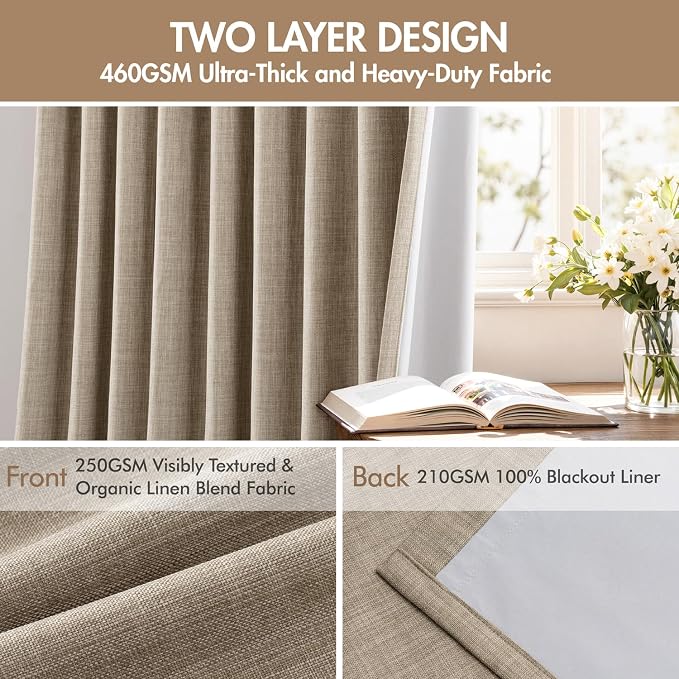 MIULEE Pinch Pleated 100% Blackout Curtains 40"x96" Burlywood Birch 4 Panel | Thick Linen, Memory Trained Pleat, Back Tab Double Layer Drapes, Thermal Insulated, Curtain for Bedroom Living Room Darkening