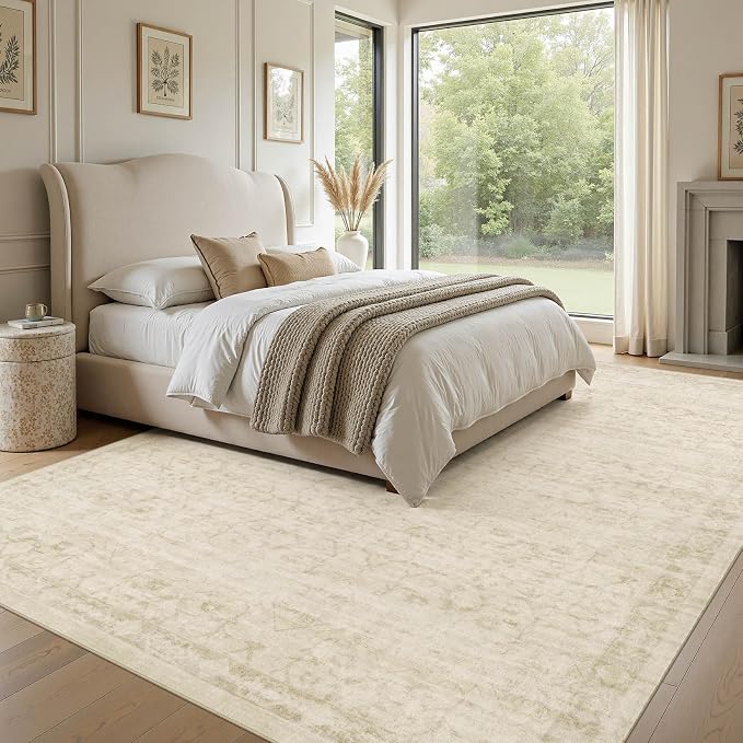 Nakagishi 6X9 Area Rugs Living Room: Washable Large Vintage Rug Neutral Non-Slip Soft Stain Resistant Indoor Carpet for Bedroom Nursery Dining Room Office Playroom - Vintage Beige