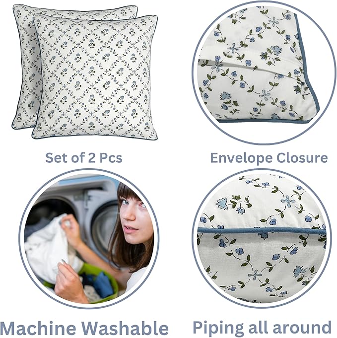 Ridhi Block Print Powder Blue Pillow Cover 18" x 18" (Pack of 2) Decorative Couch Pillows for Living Room, Farmhouse Chic Boho Cute Outdoor Pillows Covers Gifts for Spring, Mother's Day