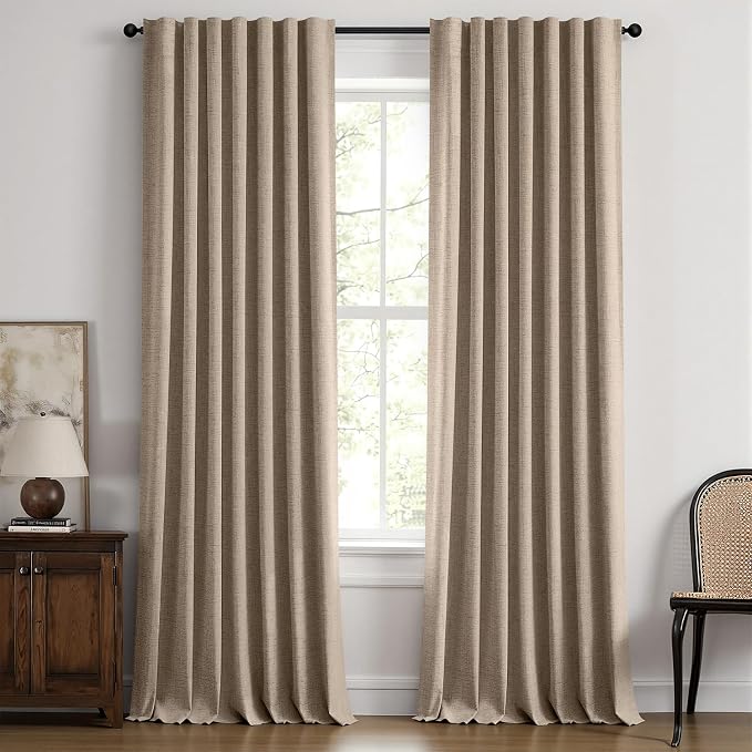 MIULEE 100% Blackout Linen Curtains 42 x 96 Inch Copper Brown 2 Panels | Thermal Insulated, Room Darkening Drapes for Bedroom Living Room, Back Tab Rod Pocket Pinch Pleated, Solid Luxury Decor
