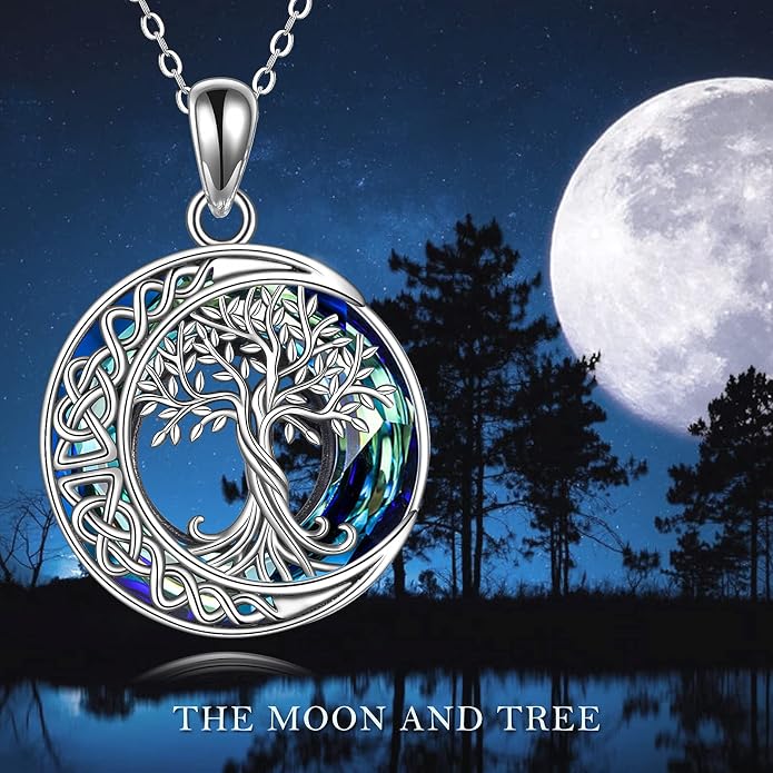 Tree of Life Necklaces S925 Sterling Silver Crystal Tree of Life Pendant Necklace Celtic Knot Moon Tree of Life Jewelry for Women Gifts