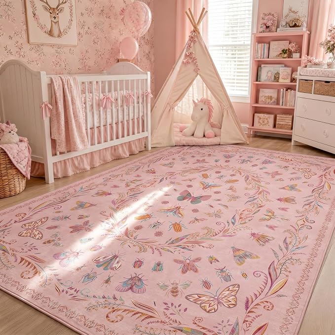 Lunasun Floral Pink Rugs for Bedroom Girls 6x9 - Insect Print Cute Girly Rug for Living Room, Dining Room Under Kitchen Table, Washable Low Pile Vintage Bug Art Nouveau Home Decor