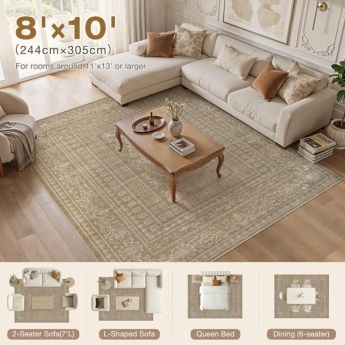 Nakagishi 8x10 Area Rugs Living Room: Washable Large Vintage Rug Neutral Non-Slip Soft Stain Resistant Indoor Carpet for Bedroom Nursery Dining Room Office Playroom - Dark Brown