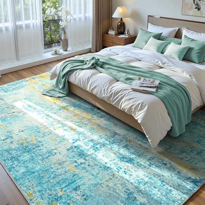 Ompaa Living Room Rug 6x9 Teal Blue Area Rug Machine Washable Boho Rug Non Slip Abstract Vintage Indoor Large Rugs for Bedroom, Classroom, College Dorm, Farmhouse, Dining Room, Kids Playroom