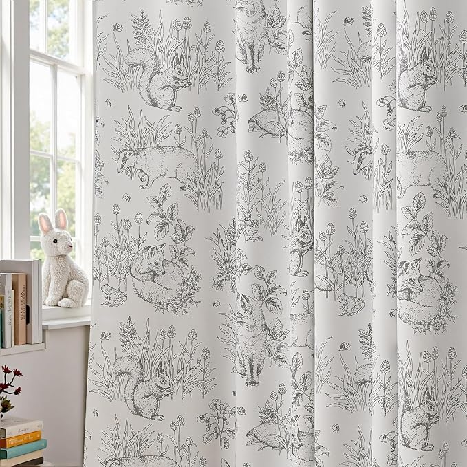 jinchan Grey Blackout Curtains 84 Inch Whimsical Back Tab 2 Panels | Room darkening,nursery kids bedroom,privacy,whimsical,cottagecore,bunny pattern,botanical,nature-inspired decor