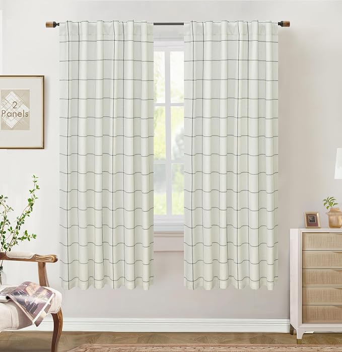 DriftAway 100% Blackout Plaid Linen Curtains 72 Inches Long 2 Panels Black | 100% Blackout, Linen Texture, Plaid Pattern, Two Layers, Rod Pocket & Back Tab, Bedroom Living Room Use, Luxury Appearance