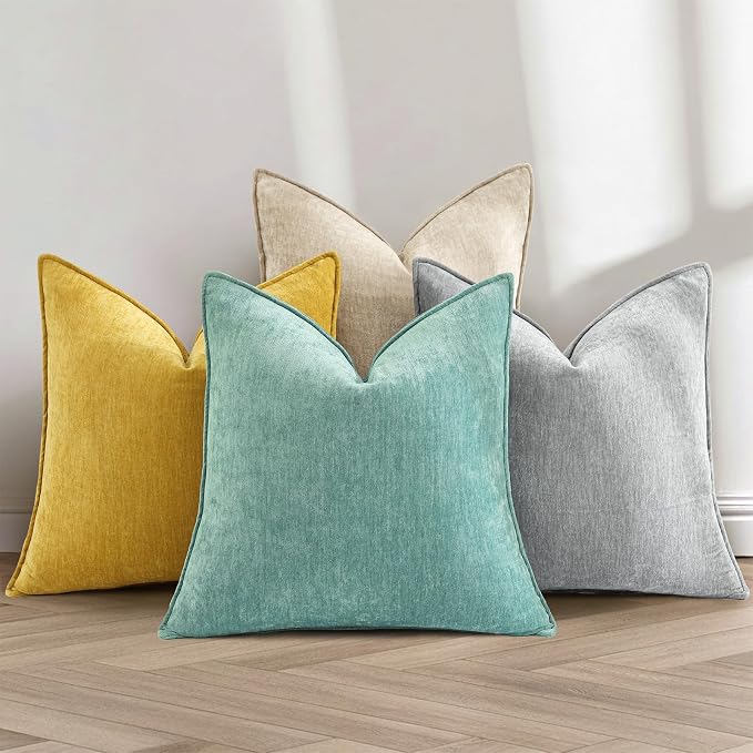 decorUhome Chenille Mineral Yellow Throw Pillow Covers 20x20 Set of 2 | Fall Soft Couch Decorative Modern Velvet Pillow Cases with Elegant Design for Sofa Bed Living Room Home Decor