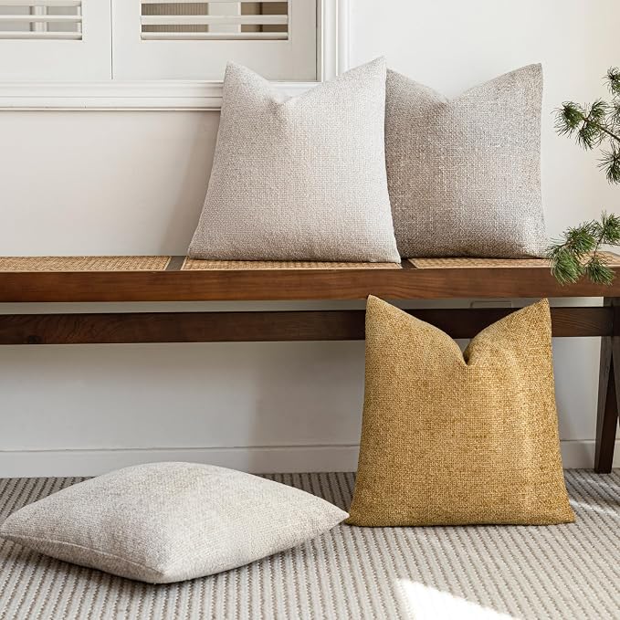 20x20 Chenille Throw Pillow Covers, Pack of 4, Neutral Beige/Yellow Series