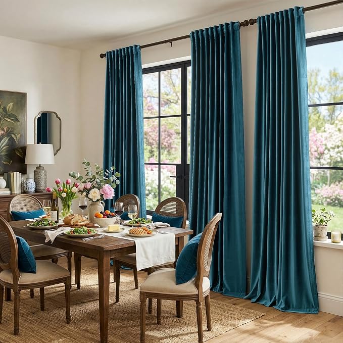 Luxury Peacock Blue Velvet Curtains 108 inches for Living Room,2 Panels Room Darkening Rod Pocket Back Tab Curtain Elegant Thermal Insulated Heavy Soundproof Noice Reducing Window Drapes for Bedroom