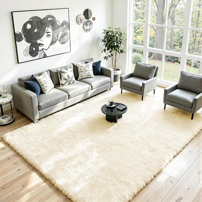 6x9 Area Rug for Living Room, Ultra Soft Fluffy Cream White Rugs for Bedroom, Non Slip Large Shag Carpet, Fuzzy Plush Nursery Rug, Thick Washable Indoor Floor Carpets for Kids Office Dorm Home Decor