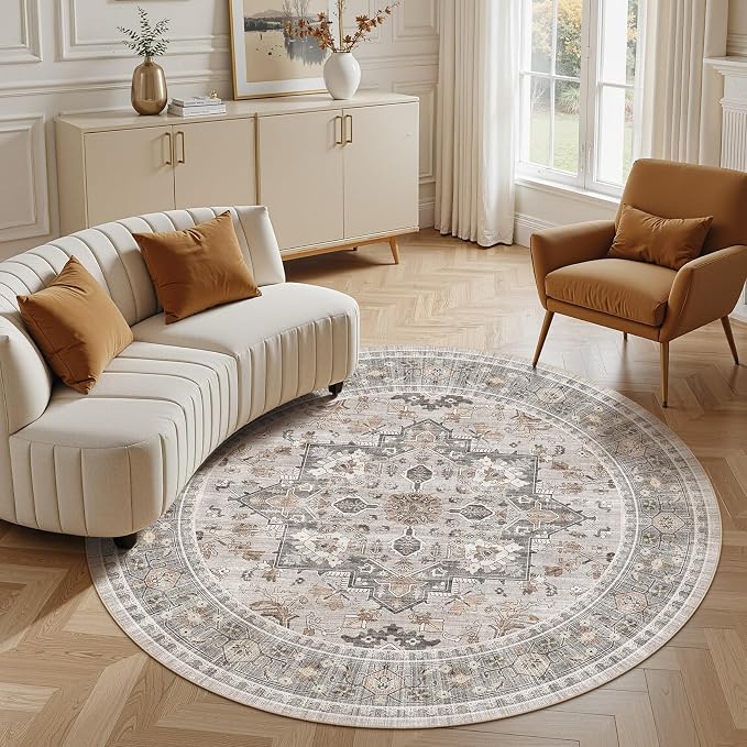 5ft Round Area Rug: Washable Vintage Neutral Soft Non Slip Thin Large Floor Carpet for Living Room Bedroom Kitchen Dining Room Home Office Farmhouse Indoor - Taupe