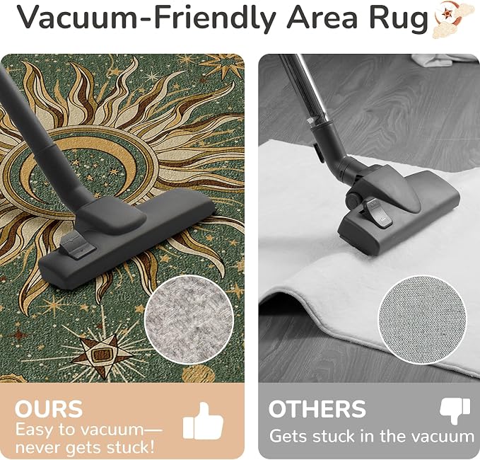 Vacuum-Friendly, 8x10 Washable Area Rug, Green Brown | Sun and Moon Boho Gothic Non-Slip Low Pile Living Roon Bedroom Dining Room Kitchen Entry Entryway Entrance Hallway Doormat