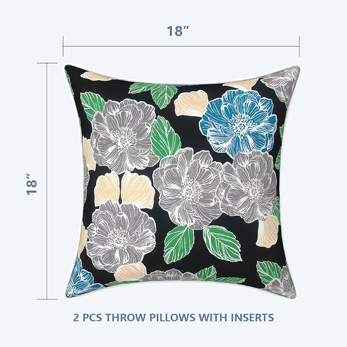 LVTXIII Outdoor Throw Pillows 18x18 Patio Waterproof Square Pillows with Piping Fade Resistant Accent Pillow for Spring Summer Garden Decoration, Set of 2, Peony Garden