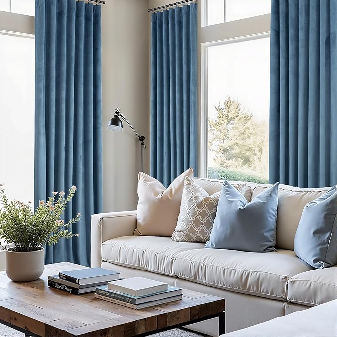 Light Blue Velvet Curtains 108 Inches Long 2 Panels for Living Room Rustic Thick Luxury Insulating Soundproof Darkening Curtain for Bedroom Patio Door 108 in Length Dusty Chambery Slate Blue Grey Gray