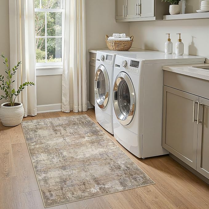 Neutral Washable Area Rug 3x5, Abstract Small Rugs for Entryway | Modern Non Slip Carpet, Stain Resistant Joint-Friendly, Rug for Bedroom, Kitchen, Living Room, Indoor Front Door - Dark Brown