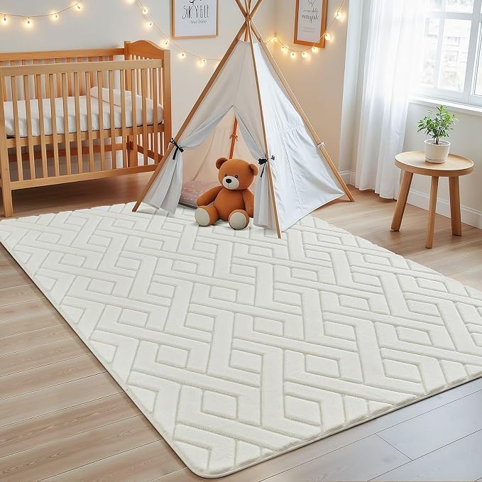 Macgace Ultra Soft Cream White Area Rug for Bedroom, 4x6 Modern Geometric Shag Rugs with Nonslip Backing for Living Room, Washable Fuzzy Carpet for Cozy Kids Room