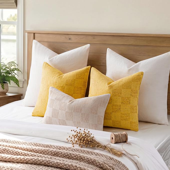a moment Set of 2 Decorative Linen Throw Pillow Covers,Large Grid Textured Neutral Boho Farmhouse Cushion Covers,Soft Aesthetic Pillowcases for Couch Sofa Living Room Home Decor,18x18 Inch,Yellow