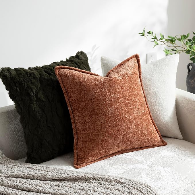 DEZENE Pack of 2 Burnt Orange Fall Decorative Throw Pillow Covers 16x16 Cozy Soft Chenille Accent Vintage Square Couch Pillow Covers for Home Decor Bed Sofa Living Room