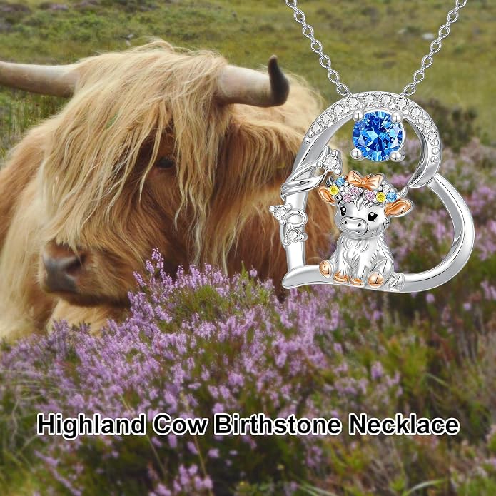 Highland Cow Gifts for Women 925 Sterling Silver Highland Cow Birthstone Necklace Fluffy Cow Jewelry Gifts Birthday Christmas