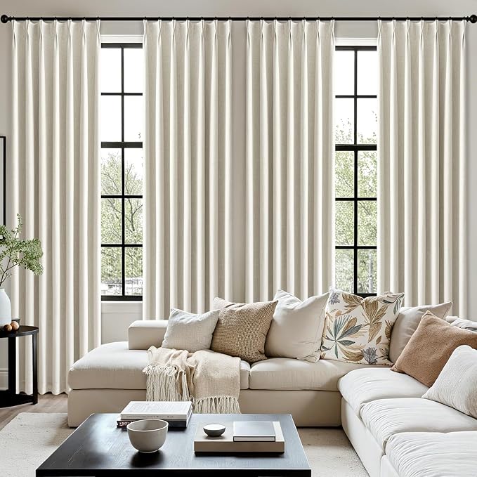 MIULEE Natural Pinch Pleated 100% Blackout Linen Curtains for Bedroom, Room Darkening Memory Trained Light Blocking Window Curtains 104 inches Long for Living Room, Black Out Pleat Drapes, 2 Panels