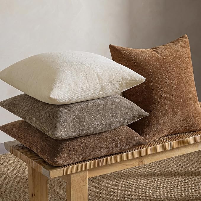MIULEE Pack of 4 Fall Decorative Throw Pillow Covers 18x18 Inch Chenille Textured Throw Pillows Boho Farmhouse Cushion Covers Vintage Home Decor for Couch Sofa Bed Living Room，Beige Taupe Brown