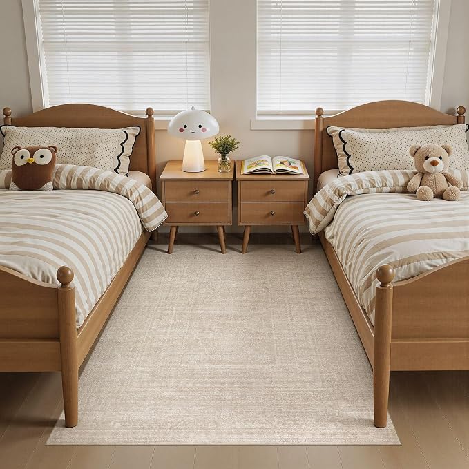 Nakagishi 4x6 Area Rugs Living Room: Washable Large Vintage Rug Neutral Non-Slip Soft Stain Resistant Indoor Carpet for Bedroom Nursery Dining Room Office Playroom - Beige