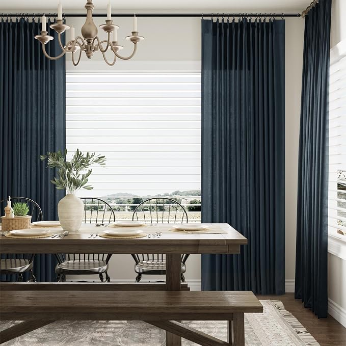 Aersas Vintage Blue Pinch Pleated Linen Curtains 96 Inches 2 Panels for Living Room Back Tab Light Filtering Modern Nursery Drapes Semi Sheer Flax Texture Fabric Window Treatments for Bedroom, 40x96