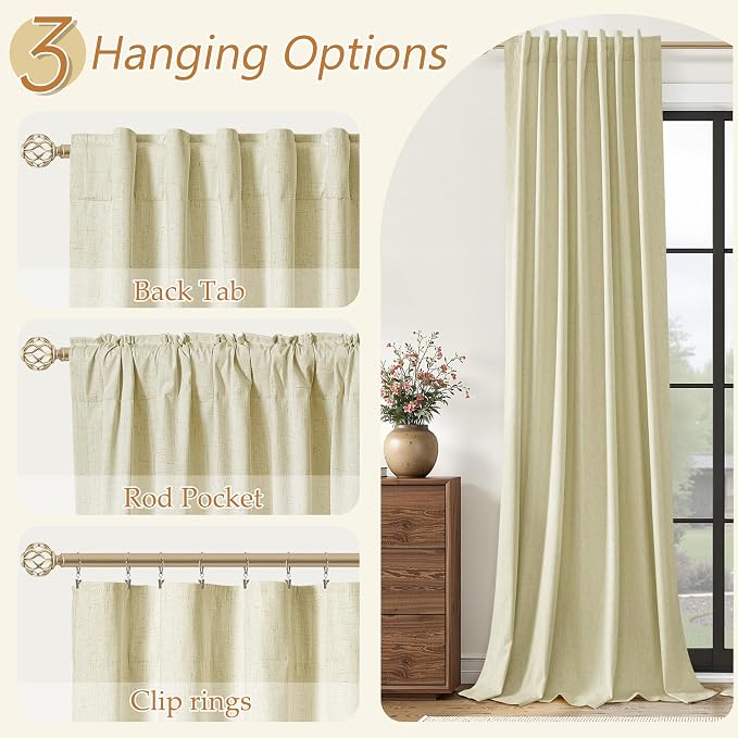 Guken Extra Long 100% Blackout Linen Curtains for Bedroom 108 inches Long, Thermal Insulated Room Darkening Black Out Drapes for Living Room, Back Tab Rod Pocket 2 Panels Set,Cream Yellow,52x108