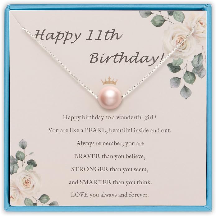 Sereney Sterling Silver Birthday Gifts for Girls Women, Pearl Necklace as 7 9 10 11 13 15 16 18 21 30 40 50 60 Year Old Birthday Gifts, Single Pearl Necklace as Bday Gifts for Friends