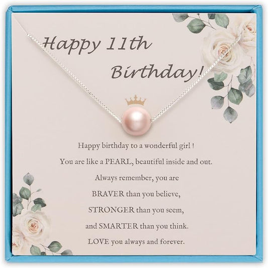 Sereney Sterling Silver Birthday Gifts for Girls Women, Pearl Necklace as 7 9 10 11 13 15 16 18 21 30 40 50 60 Year Old Birthday Gifts, Single Pearl Necklace as Bday Gifts for Friends