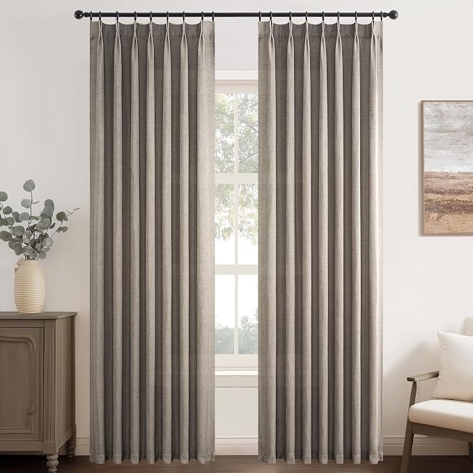 Topfinel 108 Inch Pinch Pleated Linen Curtains 2 Panels,Burlywood Semi Sheer Curtains with Pleated Hooks Back Tab for Track System,Extra Long 9ft Curtain for Living Room Bedroom,40x108,Oatmeal