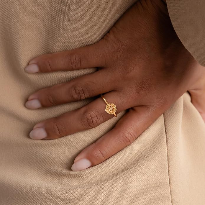 Birth Flower Ring for Women 14K Gold Plated Floral Minimalist Stackable Finger Jewelry Birthday Gifts