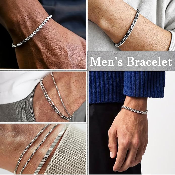 Chain Bracelet for Men Stainless Steel Cuban Link Curb Figaro Herringbone Rope Paperclip Snake Byzantine Curb Chunky Chain Silver Bracelets Jewelry Set for Men 8.3 Inches