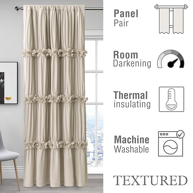 Homechoice Decor Camel Blackout Window Curtains, 52" W x 96" L x 2 Panels | Boho Ruched Thermal Insulated Window Treatments with 3 Rows of Butterfly Flowers, Rustic Rod Pocket Drapes for Room (LQ-30)