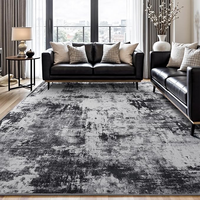Rugflix 10x12 Area Rugs for Living Room, Black Grey Large Rug Stain-Resistant Low Pile, Big Washable Dark Carpet Non-Slip for Bedroom Dining Room Home Office Nursery Room