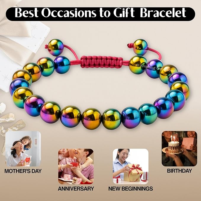Amazing Gemstone Rainbow Hematite Bracelet, Gifts for Men & Women - Protection Healing Crystal Bracelet - 8mm Gemstone Beaded Adjustable Bracelet, Pulseras para Hombres Mujer Stocking Stuffers