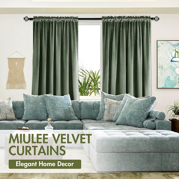 MIULEE Sage Green Blackout Velvet Curtains Drapes 84 Inch Long 52"x84" | Luxurious Bedroom Living Room Decor, Room Darkening, Thermal Insulated, Rod Pocket Design, Super Soft Fabric
