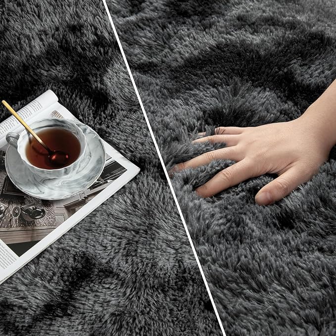 Deerhoo Large Shag Area Rugs 8 x 10, Tie-Dyed Plush Fuzzy Rugs for Living Room, Ultra Soft Fluffy Furry Rug for Bedroom, Indoor Carpet Nursery Rugs for Kids Room Home Decor, Dark Grey