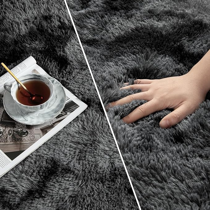 Deerhoo Shag Area Rug, 4 X 6 Tie-Dyed Plush Fuzzy Rugs for Living Room, Ultra Soft Fluffy Furry Rug for Bedroom, Indoor Carpet Nursery Rugs for Kids Room Home Decor, Dark Grey